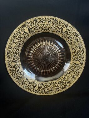 Vintage Amber Depression Glass Plate w/ gold gilt rim and a starburst pattern